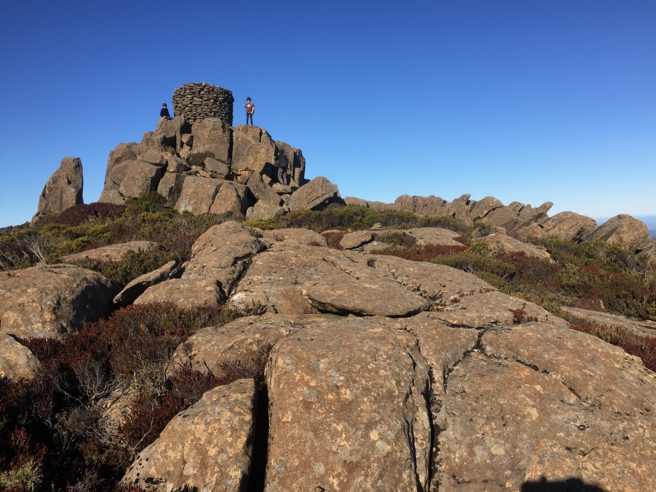 Mount Arthur's imprssive summit cairn in better weather. Photo Rob Shaw